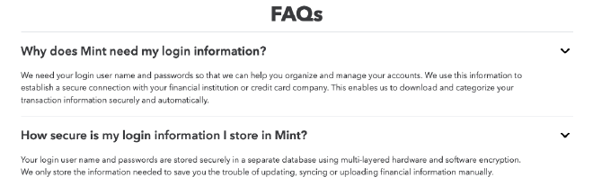 A screenshot of Mint's FAQ page. First question is answering why they need customer's bank credentials.