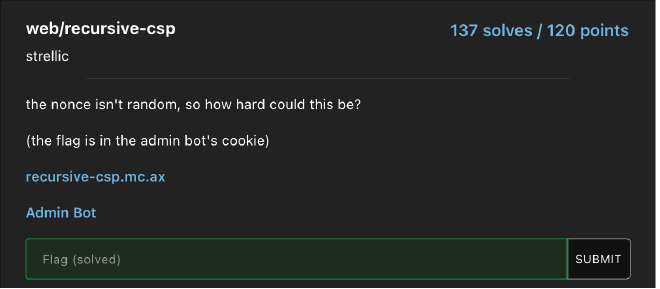 A solved screenshot for recursive-csp challenge in dashboard view.